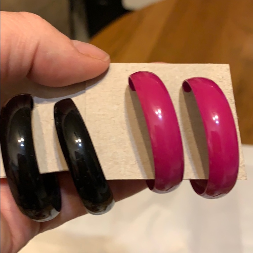 Two pair hoops. Black & Magenta. Never worn.
